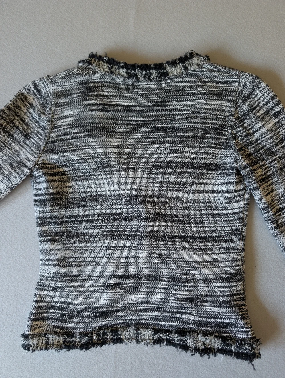Tweed Knit Cardigan Jacket Black Cream Frayed Trim Chanel Style Sz Small Classic